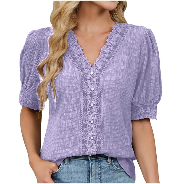 Eres Más Que una Camisa de Puntuación de Prueba Boho Top Manga Corta Cuello Redondo Blusa Suelta, Detalle de Encaje Color Sólido Desgaste de Verano Casual, Mezcla de Poliéster Spandex