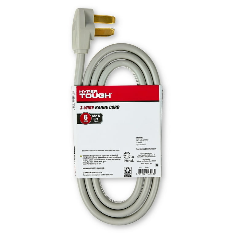 Hyper Tough 6-Foot 3-Wire Range Cord, 50 Amps, Indoor, Grey, Right
