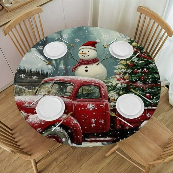 Patifu Christmas Tree Snowman Truck Round Tablecloth - Stain-Resistant & Washable - Ideal for Indoor/Outdoor Use - Great for Home Kitchen, Parties, Holiday Dinner - Christmas Theme
