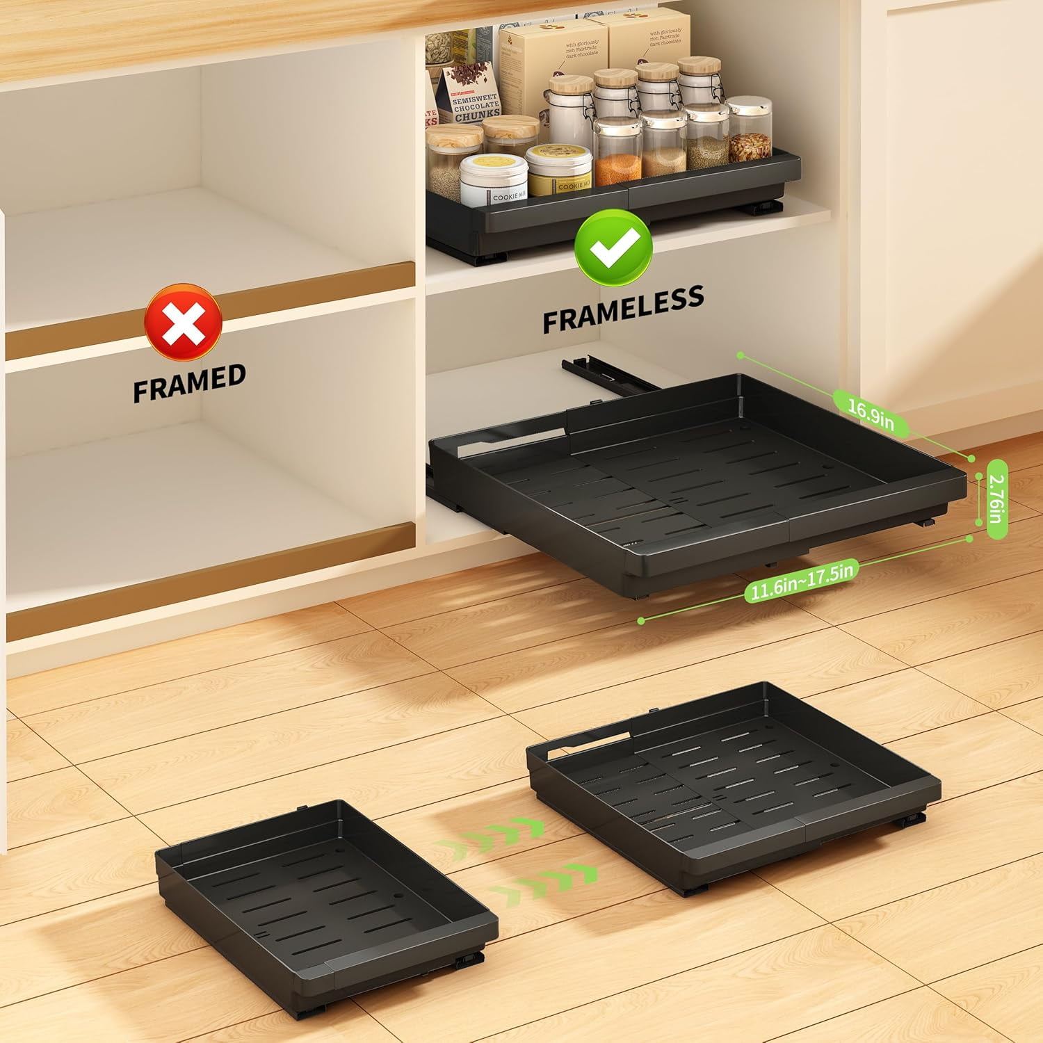 2 Pcs Pull Out Cabinet Organizers Expandable (11.6''-17.5''), Plastic Slide Out Drawers for Kitchen, Bathroom, Pantry, Under Sink, Pull Out Drawers Fixed with Adhesive Nano Film (Black)