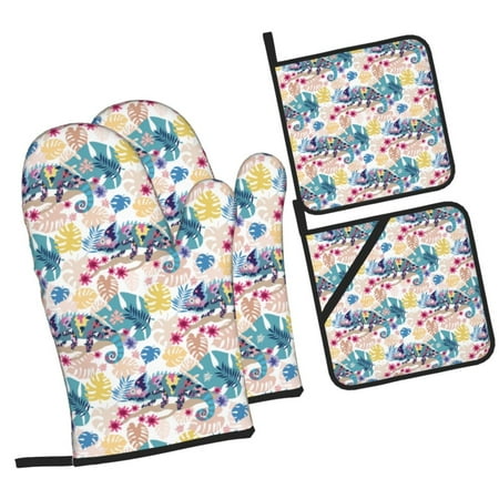 

Balery Colorful Chameleons Pattern Oven Mitts and Pot Holders 4 pcs Set Kitchen Oven Glove High Heat Resistant 500℉ Oven Mitts with Non-Slip Silicone Surface