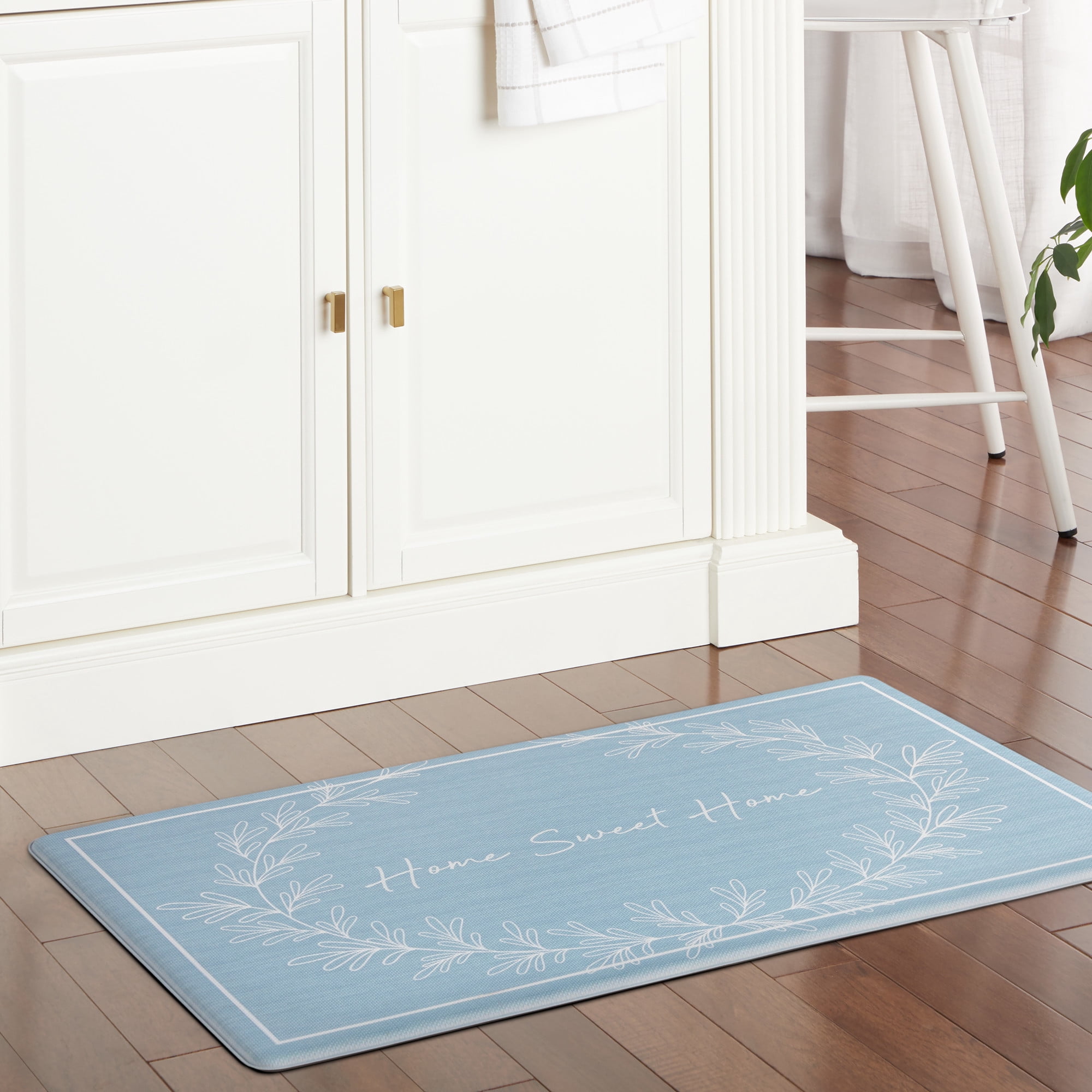 MARTHA STEWART Bloomfield Home Sweet Home Leaf Frame Kitchen Mat, Comfort Standing Mat, Non-Slip Backing, Water & Stain Resistant, Blue, 18"x30"