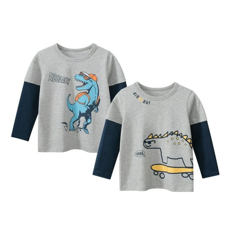 

Phenas Boys 2-Pack Dinosaur Long Sleeve T-shirt 100% Cotton Casual Graphic Tops