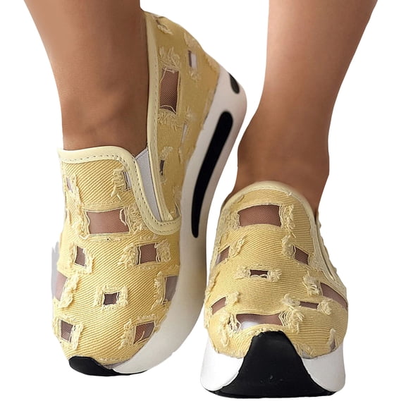 Platform Wedge Sneakers for Women Fashion Hollow Out Slip On Loafers Breathable Walking Work Shoes with Arch Support Yellow Size 9