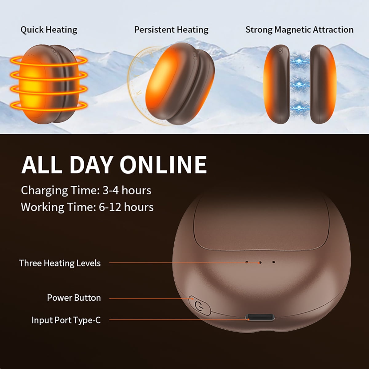 2-Pack Rechargeable Hand Warmers with Magnetic Attachment, Fast Heating Up to 140℉/60℃, 2500mAh Portable Electric Pocket Heaters, Ideal for Outdoors, Camping, Hunting