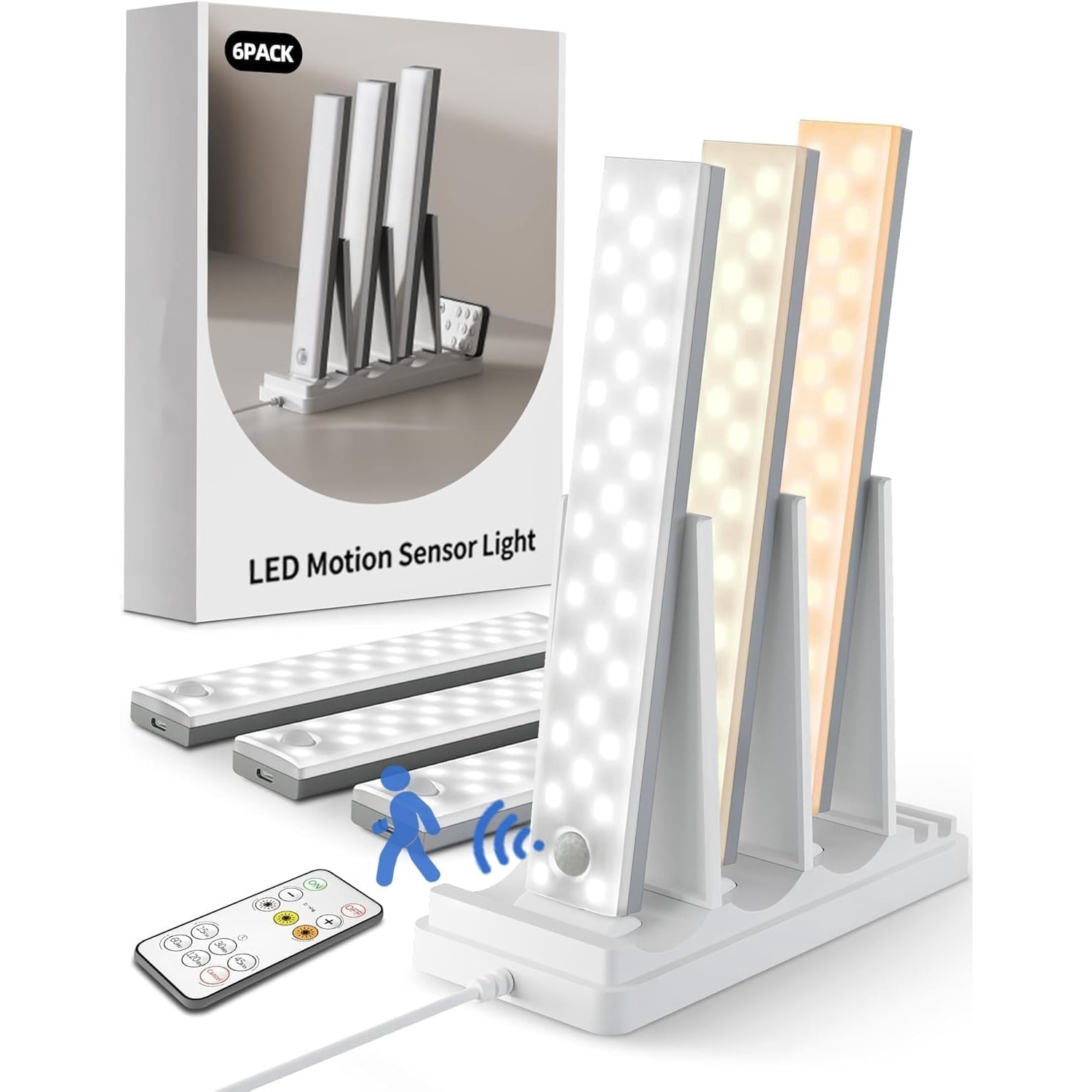 6-Pack Under Cabinet Lighting with Charging Station, 2000mAh Rechargeable Wireless Motion Sensor Lights, 3 Color Temps, Dimmable, Timer, Magnetic, with Remote Control for Kitchen, Closet, Stair