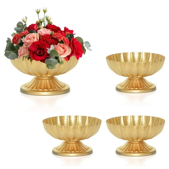 Gold Flower Vases for Centerpieces: Vintage Compote Bowl Vase for Wedding 4 Inch Small Pedestal Vase for Party Gold Centerpieces for Table Metal Urn for Event Home Decor Set of 4