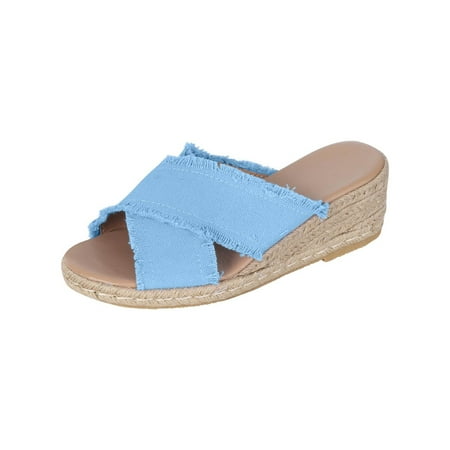 

House Slippers Womens House Slippers Women Summer Shoes Denim Cross Slope Heel Thick Soled Round Head Beach Slippers Blue