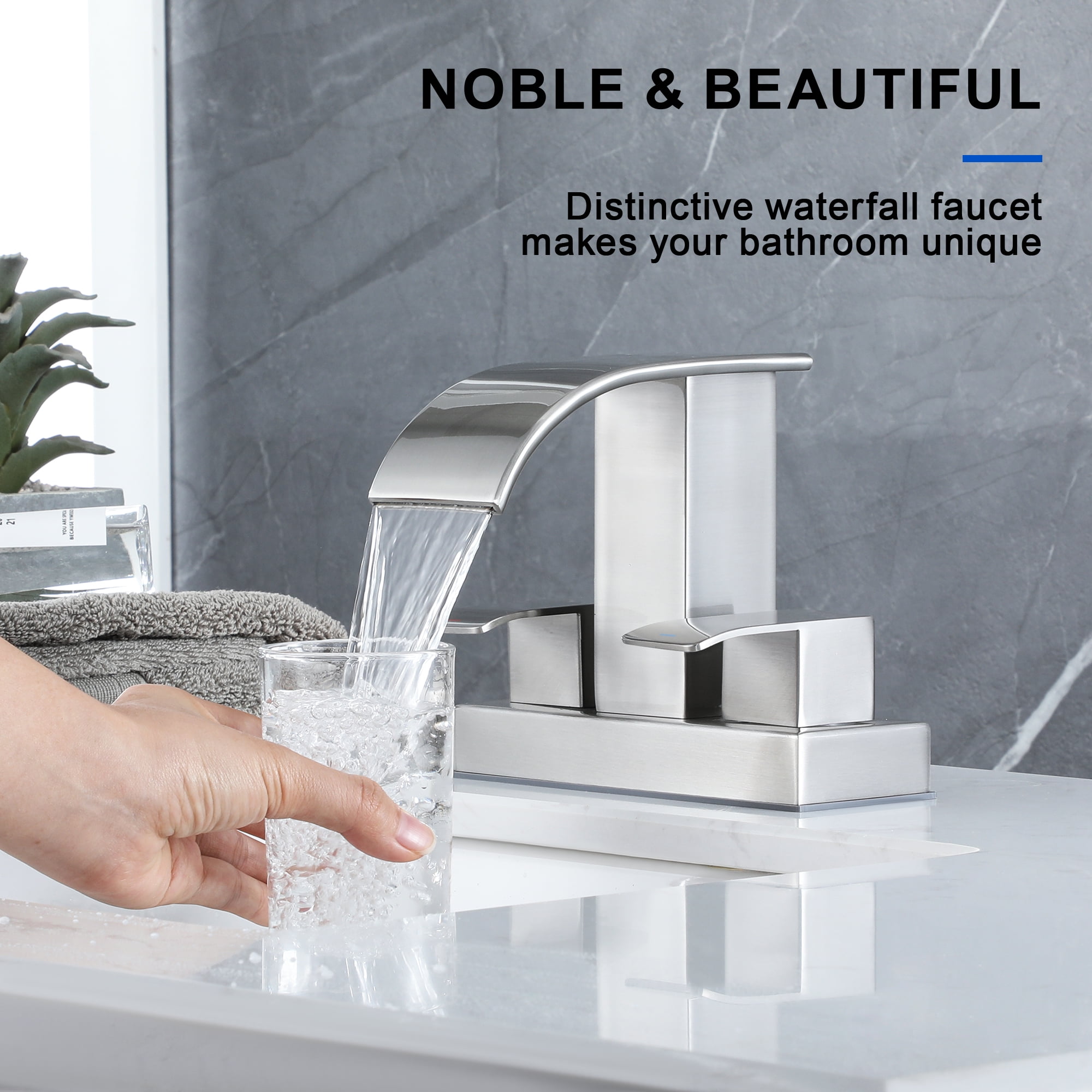 Waterfall Bathroom Faucet - 2 Handle 4 Inch Centerset Faucet for Lavatory Bathroom Sink, with cUPC Faucet Supply Line Hoses for Bathroom Restroom Vanity Lavatory, Brushed Nickel