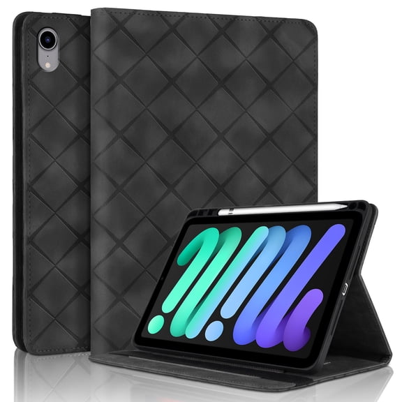 Case for iPad Mini 7 A17 Pro 2024/iPad Mini 6 2021 8.3 inch, Black Leather Folio Stand with Pencil Holder & Card Slot, Auto Wake/Sleep