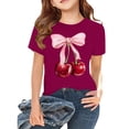 thumbnail image 2 of CPNG Girls Summer T-shirt Bow Cherry Print Loose Casual Stylish Crewneck Short Sleeve Cool Sports Top(Wine,6-7 Years), 2 of 8