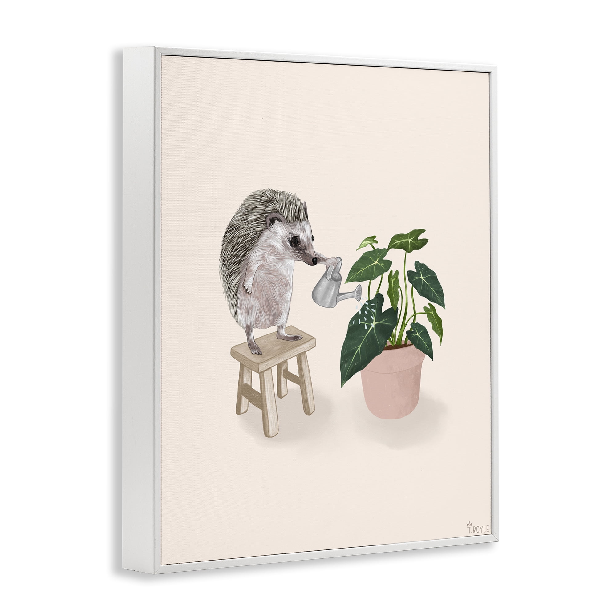 Stupell Industries Hedgehog Watering Plant Animals & Insects Painting White Framed Art Print Wall Art, 16 x 20