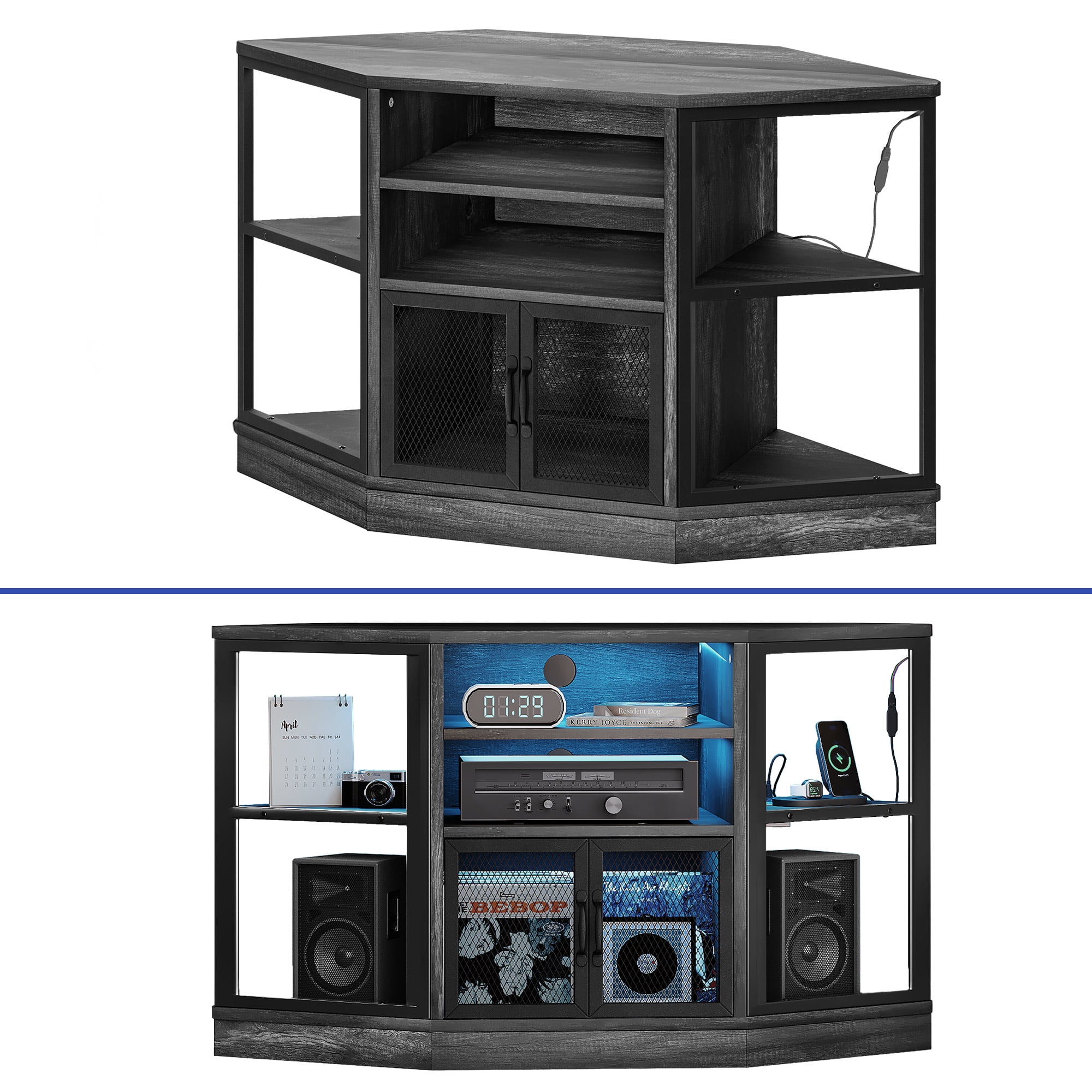Uforic Corner TV Stand, LED-Lit Entertainment Center for TVs up to 55 Inches for Living Room