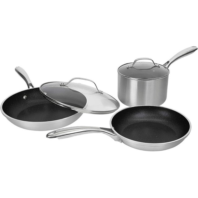 Granitestone 5-piece silver nonstick cookware set featuring two frying pans and a lidded saucepan suitable for oven and dishwasher use.