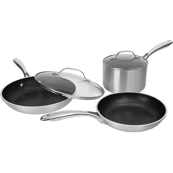Ensemble de Batterie de Cuisine Antiadhésive 5 Pièces Granitestone Argenté – Compatible Four et Lave-Vaisselle