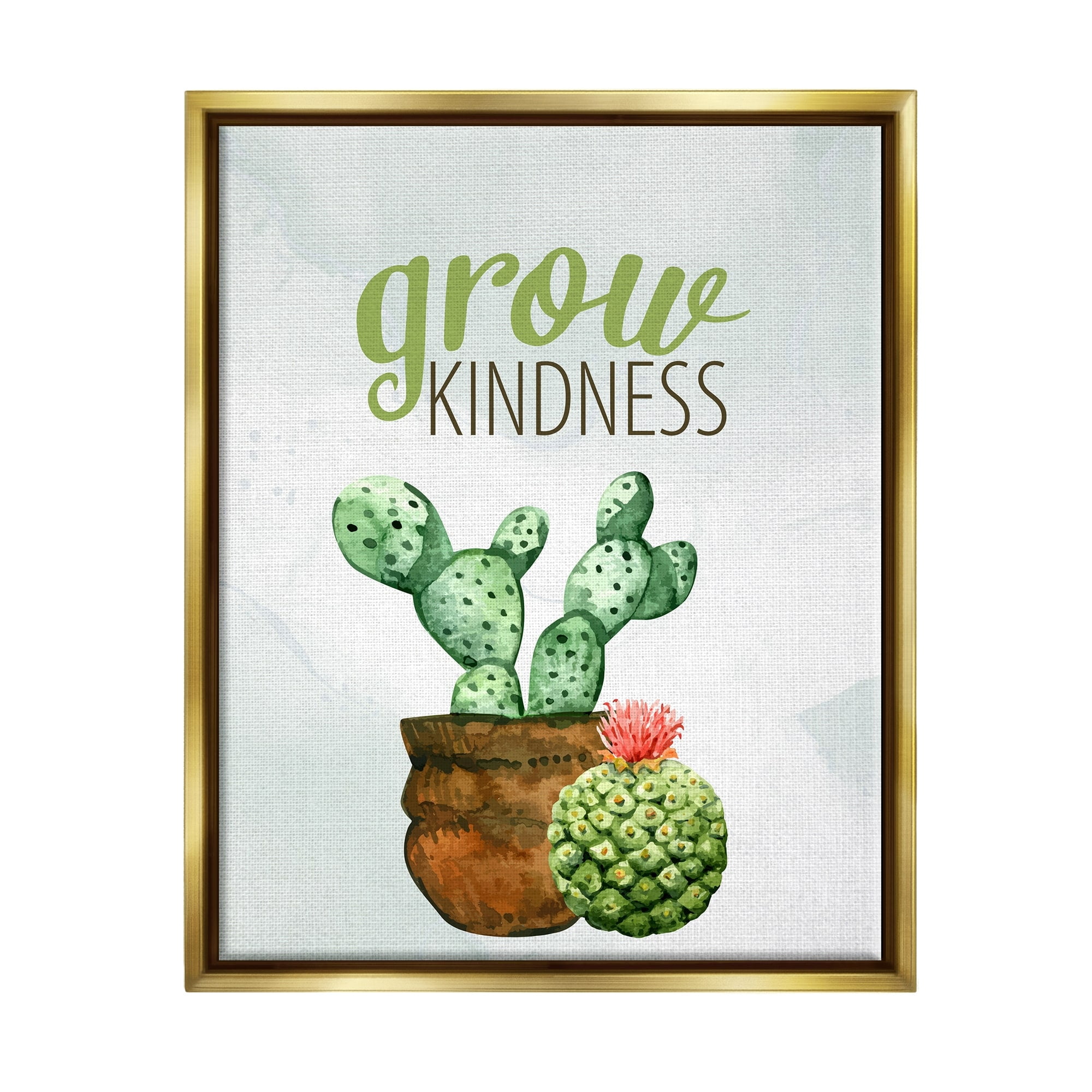Stupell Industries Grow Kindness Calligraphy Phrase Potted Cactus Plants Graphic Art Metallic Gold Floating Framed Canvas Print Wall Art, Design by Kim Allen