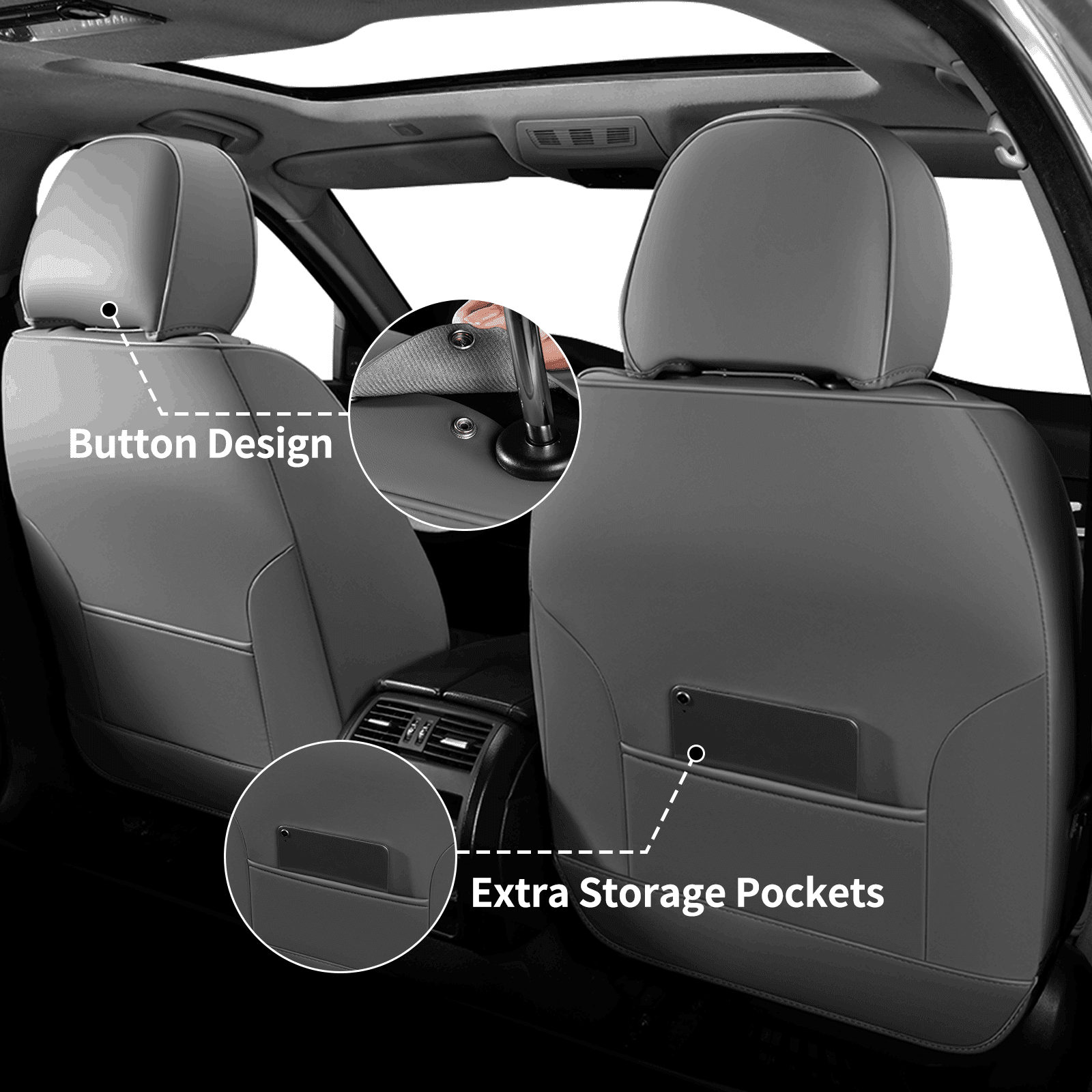 FLORICH Universal Car Seat Covers Front Pair, Waterproof Faux Leather Seat Protectors, Automotive Interior Cushions Fit for Most Cars SUV Trucks, Black & Gray