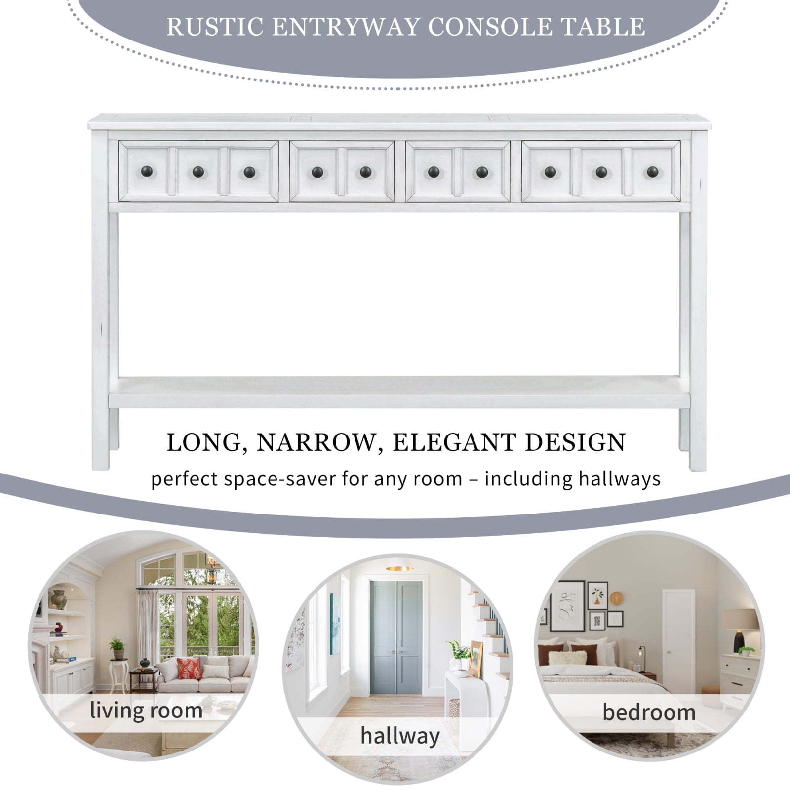 60-Inch Rustic Entryway Console Table, Long Sofa Table with 2 Small Drawers and 2 Larger Drawers, Bottom Shelf for Storage (Antique White)