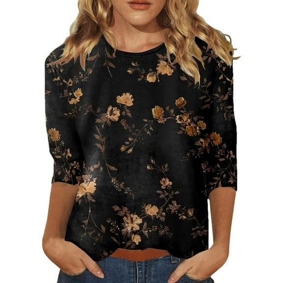 Womens Long Sleeve T Shirts Casual Crewneck Floral Print Fall Winter Tops Blouses