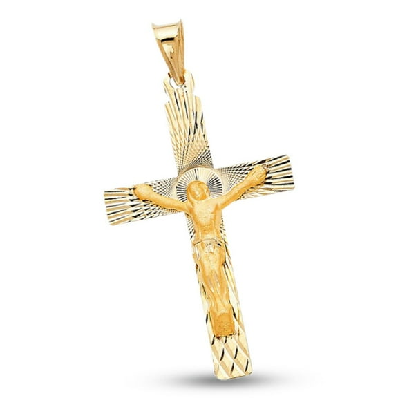 Jesus Cross Crucifix Pendant Solid 14k Yellow White Rose Gold Charm Diamond Cut Tri Color 37 x 25 mm