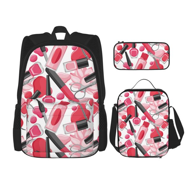 Easygdp Makeup Mochila para Niños y Niñas con Set de Caja de Almuerzo y Estuche para Lápices 3 en 1, Mochila Escolar Estampada para Adolescentes
