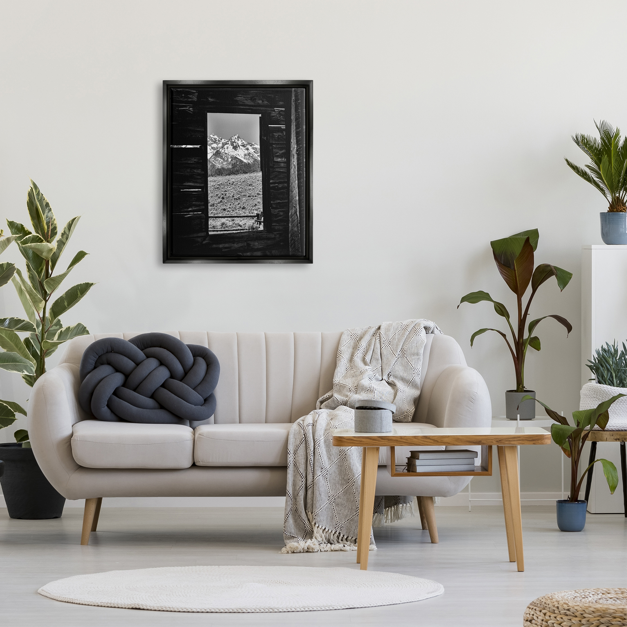 Stupell Industries Mountain in Cabin Window Landscape Photography Black Floater Framed Canvas Art Print Wall Art, 25 x 31