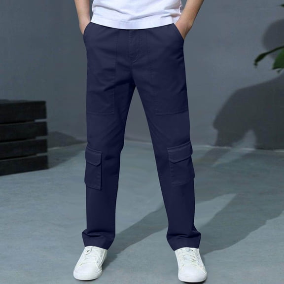ITSAME Boys School Uniform Cargo Pants, Slim Fit Elastic Waist Straight Leg Kids Fashion Casual Pants Navy 5-6T