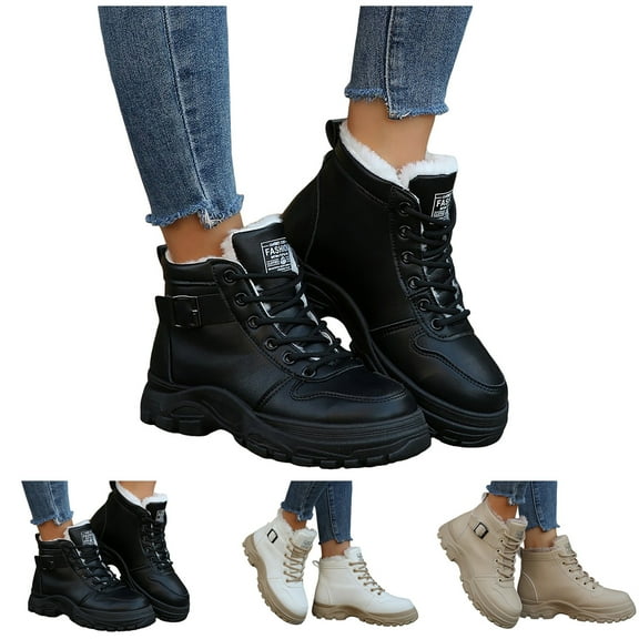 Dakaela Women's Winter Boots Fleece Lined Snow Combat Ankle Booties Waterproof Non Slip Hiking Boots for Women Beige 6