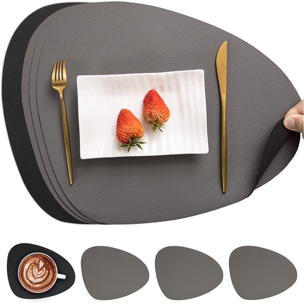 Manteles individuales y posavasos de cuero, manteles individuales antideslizantes de doble cara, manteles individuales y posavasos impermeables lavables, manteles individuales de plástico (gris negro, juego de 4) JM