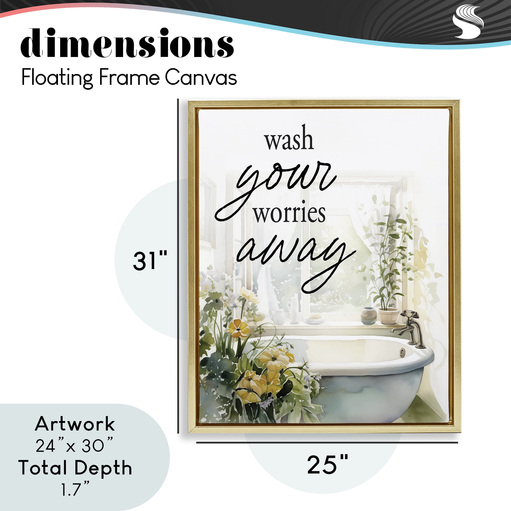 Wash Worries Away Sunlit Bath Gold Framed Floater Canvas Wall Art, design by Lettered and Lined
