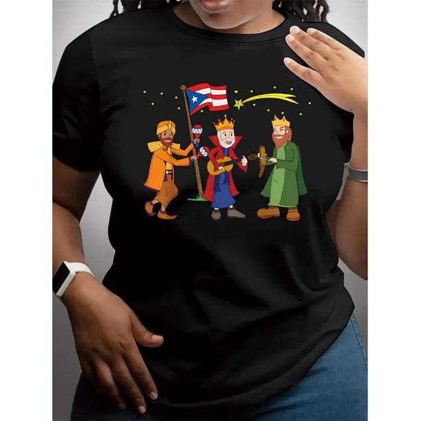 Cartoon Princes of Puerto Rico Print Crew Neck T-shirt, Four seasons casual short-sleeved round neck T-shirt, Women'S Clothing