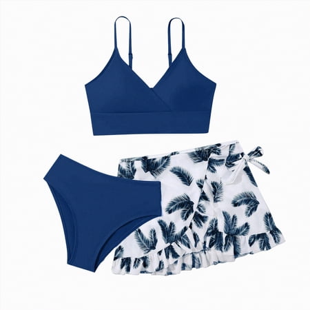 NIEWTR Girls 3 Piece Swimsuits Summer Swim Set Swimsuit Skirt Cool Cute Style(A01-Dark Green 17Y)