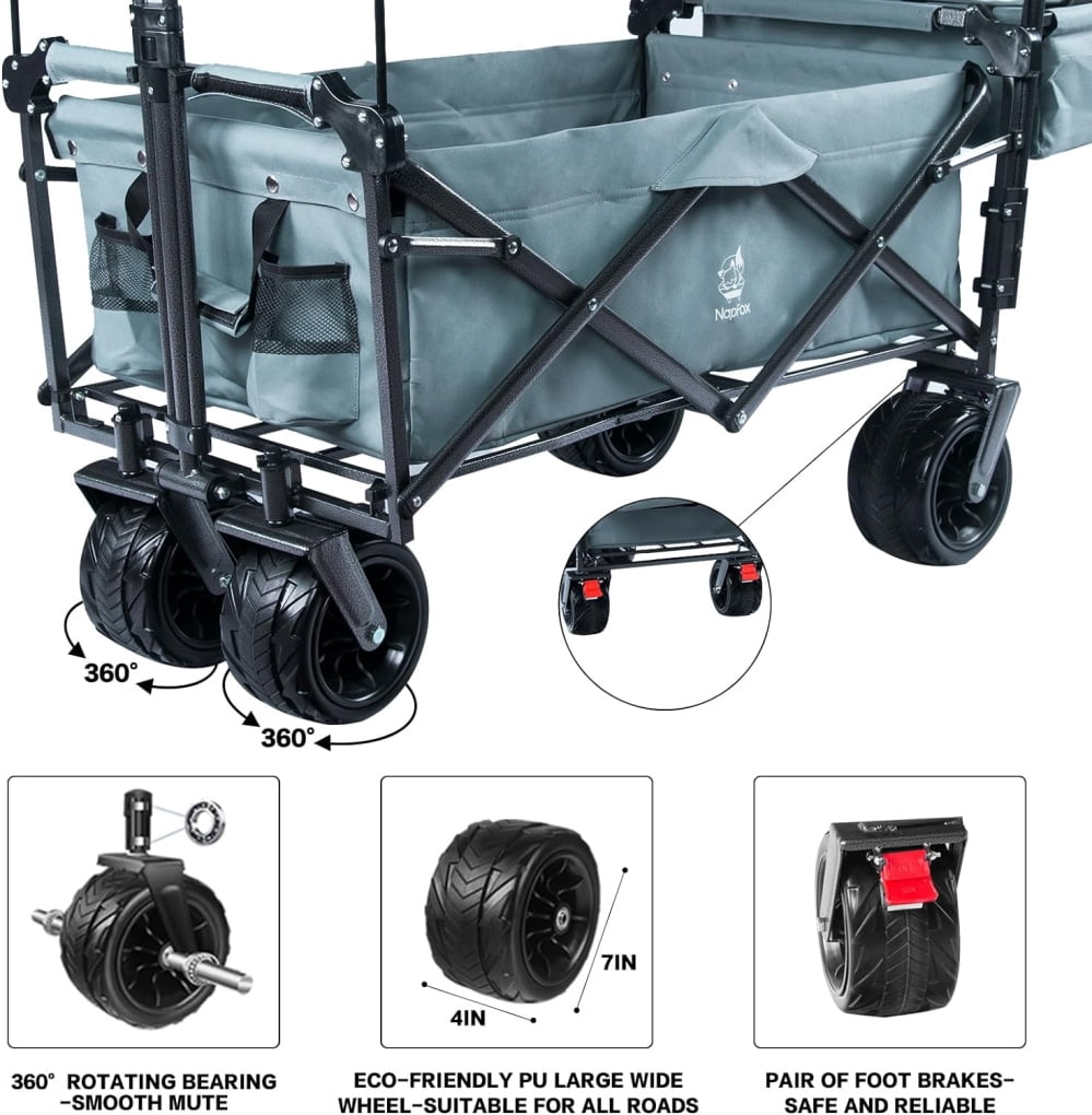 Collapsible Wagon Wagon Cart with Removable Canopy, Heavy Duty Foldable Beach Wagon with  All Terrain Wheels and Brake, Adjustable Push Pull Handle, 220LBS Cooler Bag Utility Carts for Outdoor, Gray