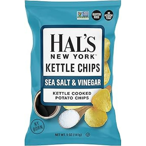 Hal's New York Kettle Chips Sea Salt & Vinegar Kettle Cooked Potato Chips, Gluten Free, Non-GMO, 8 Ounce