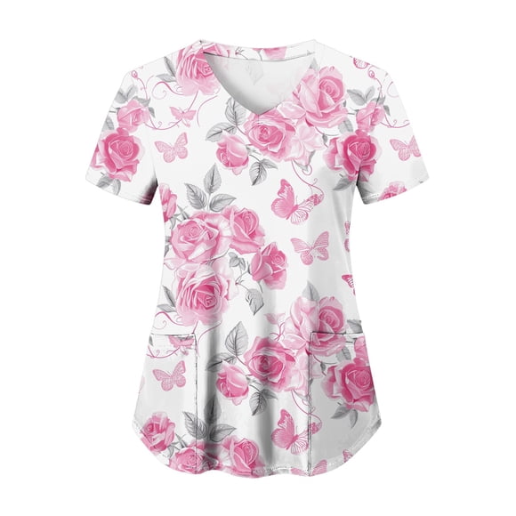 DXOUPM Women's Short Sleeve T-Shirt Ladies Fashion Print V Neck Summer Clothes with Pockets