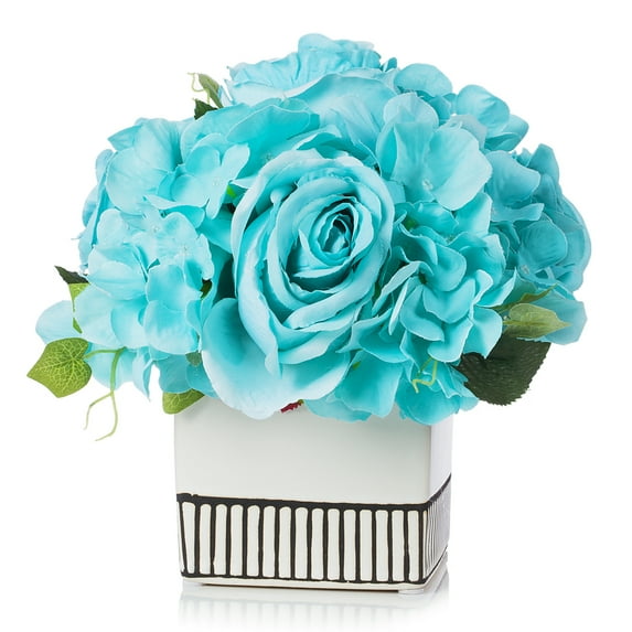 Enova Home Mixed Artificial Hydrangea and Rose Silk Flowers Arrangement in White Ceramic Pot (Aqua)