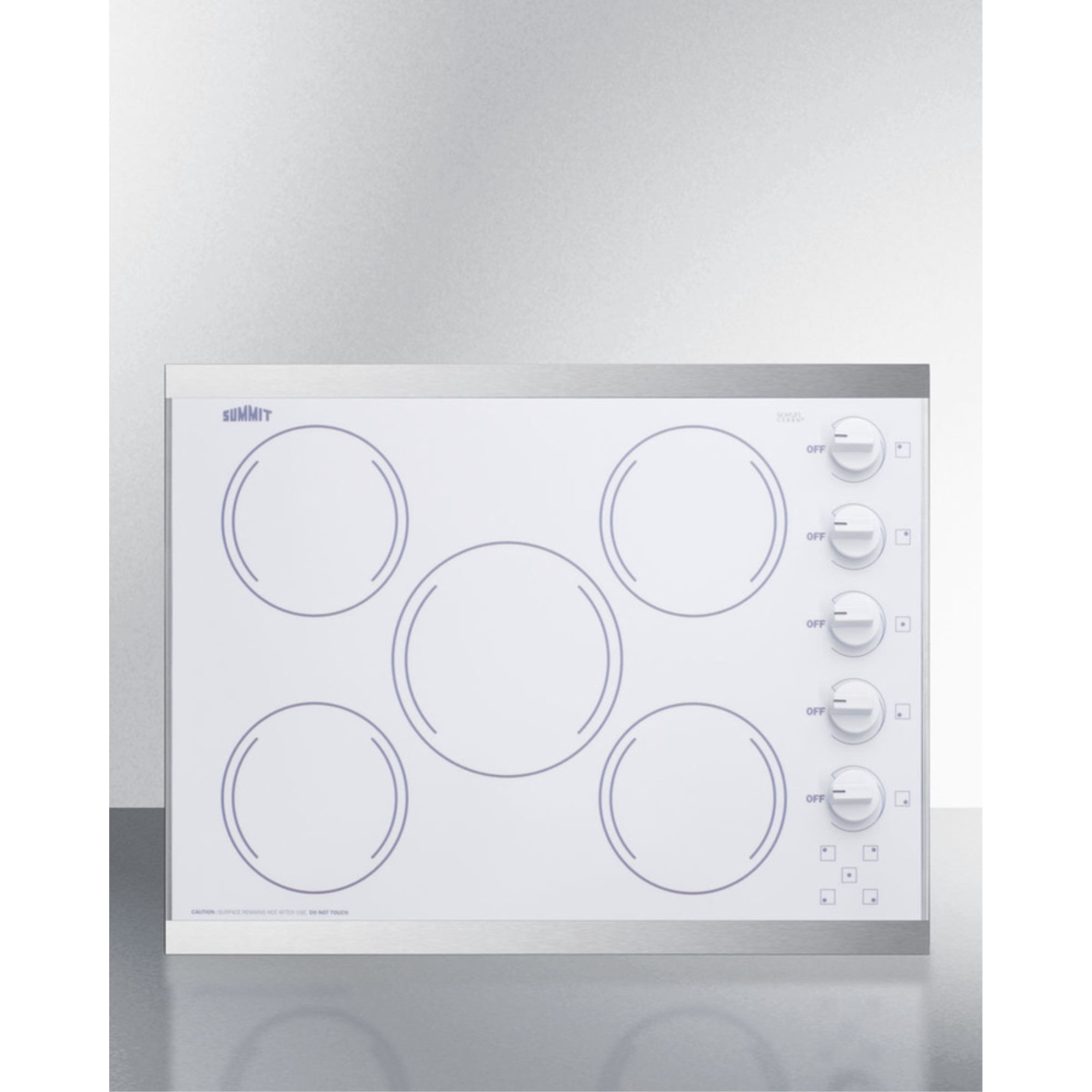 27" wide 5-burner radiant cooktop made in the USA in smooth white ceramic glass finish and oversized SS trim