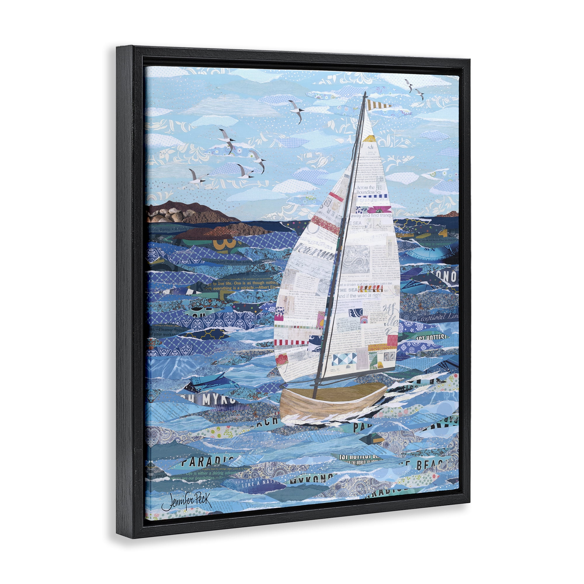Stupell Industries Collaged Sailboat Scene Transportation Painting Black Floater Framed Canvas Art Print Wall Art, 17 x 21
