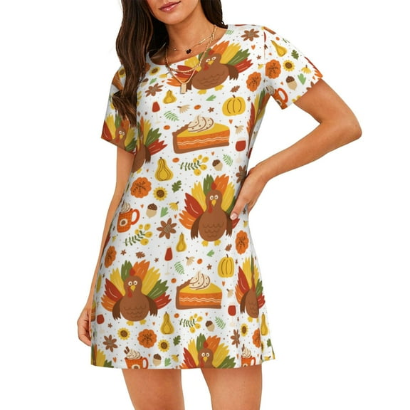 Logiee Thanksgiving With Turkey Print Nightgowns for Women,Soft Short-Sleeved Lightweight Sleepwear, Loose Sleepshirts