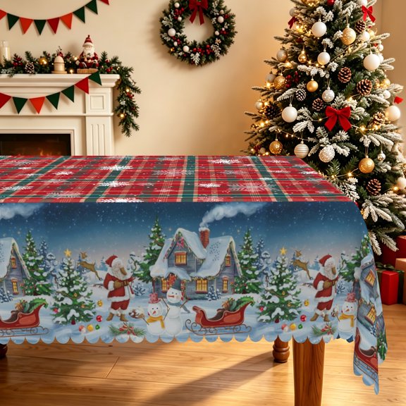 Duangreer Retro Red Christmas Rectangle Tablecloth, Cartoon Snowman Snowhouse Print Table Cover with Waterproof Wrinkle Resistant for Party Decorations, 60 x 84 Inch