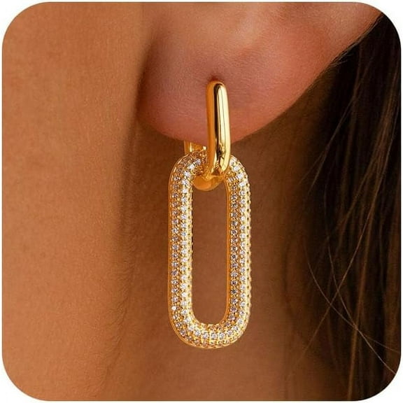 Gold Earrings for Women Trendy, Simple Dainty 14K Gold Plated Paperclip Square Chain Link Dangle Hoops Earrings Pin Stud Huggie Earrings Lightweight Gold Jewelry for Women Christmas Gifts