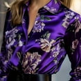 thumbnail image 3 of MORTTIC Women's Satin Finish Lapel Long Sleeve Shirt, Elegant Tucked Design Blouse for Office Wear Purple，M, 3 of 10