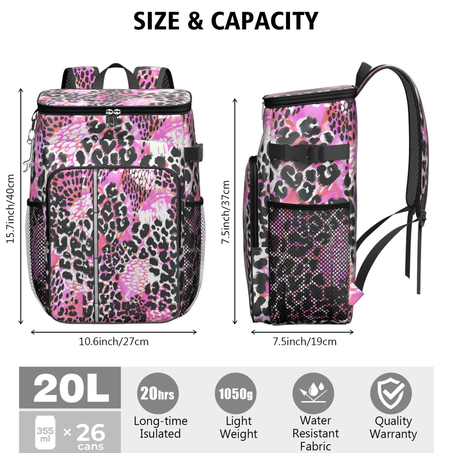 Travel Cooler Bag - Pink Leopard Pattern Camping Beer Cooler Backpack with Bottle Opener- Waterproof Insulated Picnic Backpacks - Cooler Bag for Beach