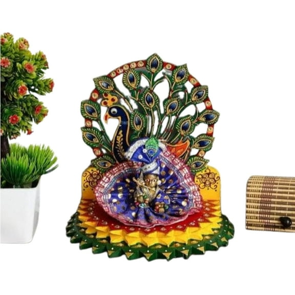Wooden Peacock Shape Laddu Gopal Singhasan Decoration Item God Idols Handmade for Gifts Home & Office