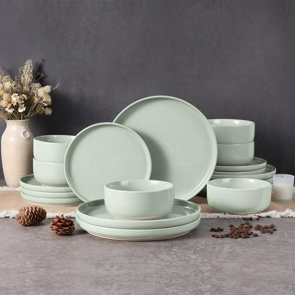 Vesteel 18-Piece Dinnerware Set, Ceramic Plates and Bowls Set for 6, Speckled Stoneware Dishes Set for Family, Microwave & Dishwasher Safe - Light Green