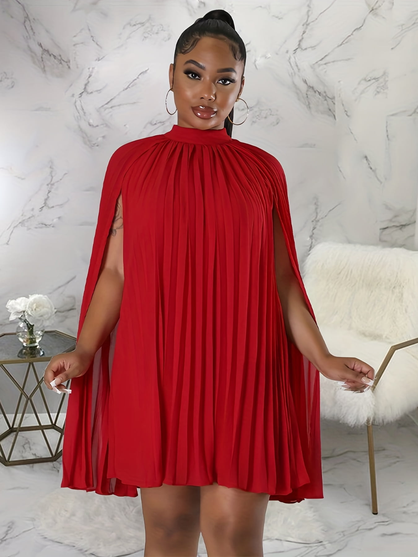 Chiffon Pleated Cape Dress Cloak Sleeve Knee Length Wedding Guest