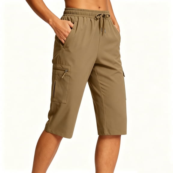 Women's Summer Casual Shorts, Mid Waist Knee Length with Pockets, Solid Color Soft Cotton Shorts, Daily Fashion Lounge Shorts, Womens Casual | TruHer,Khaki L