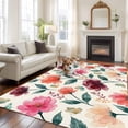 thumbnail image 3 of Pink Orange Flower Washable Living Room Rugs 5'x7', Watercolor Floral Green Leaf Vintage Country Low Pile Throw Large Area Rugs Non-Slip Sturdy Edge Binding Carpet for Dining Room Bedside Kitchen, 3 of 9