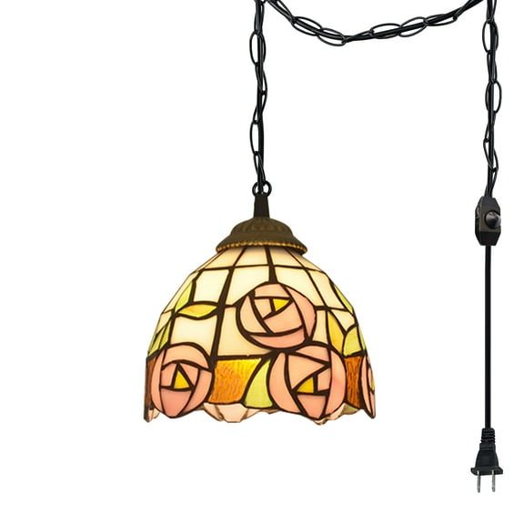 Kiven Plug in Pendant Light,Tiffany Hanging Light with Iron Lampshade and 15FT Plug-in Cord, Dimmable Ceiling Pendant Light for Bedroom Hallway Foyer Kitchen Island, 1-Light