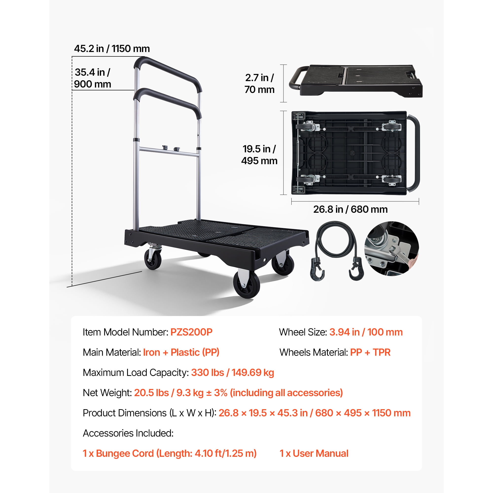 KFFKFF Foldable Push Cart Dolly, 330 lbs Load Capacity, Folding Platform Truck with Swivel Wheels, Flatbed Hand Truck with Adjustable Handle, Compact Storage Design, 26.8 x 19.5 x 4.5 in